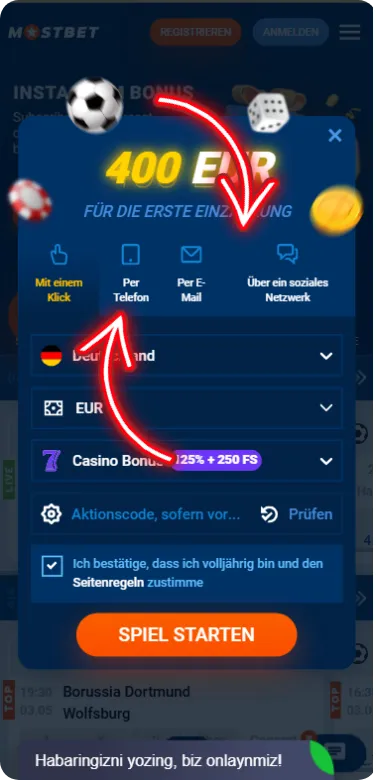 Art der Anmeldung Mostbet